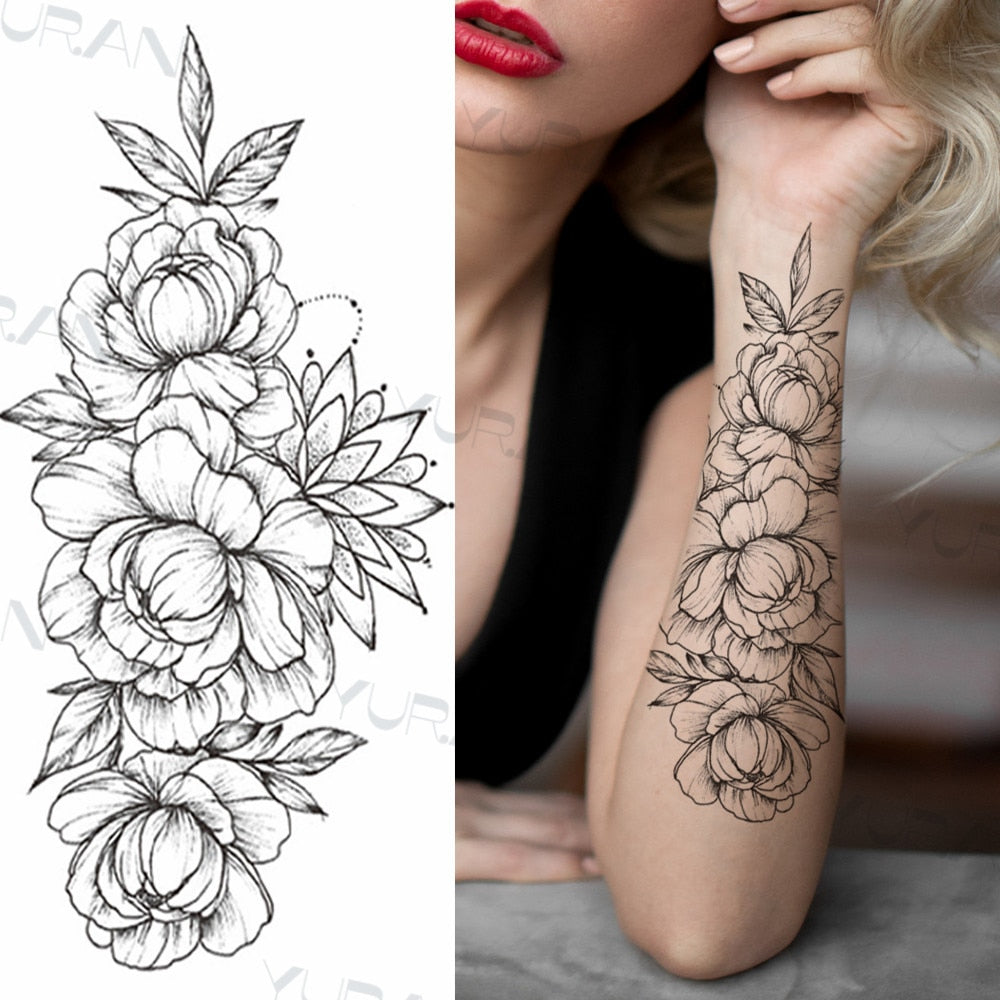 Sexy Black Flower Butterfly Temporary Tattoos For Women Thigh Men Fake Moon Rose Compass Fake Tatoos Forearm Tattoo Stickers