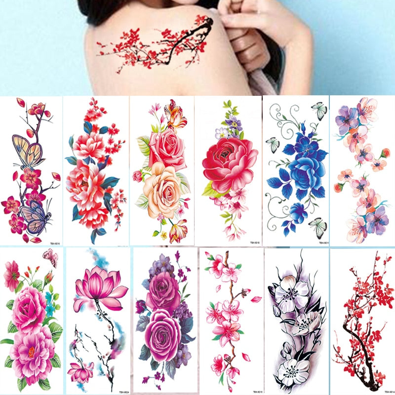 12Pcs Fake Temporary Tattoos Flower Girls Rose Peony Flash Waterproof Body Arm Art Shoulder DIY Women Sleeve Sticker