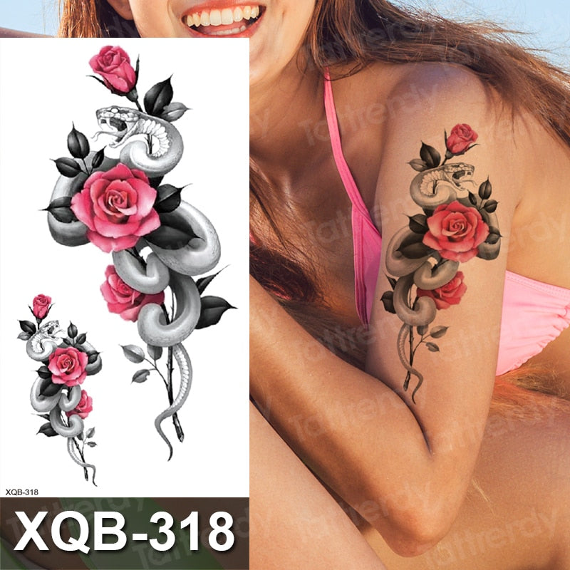 Waterproof Temporary Tattoo Sticker Rose Flower RED Jewelry Flash Tatoo Fake Water Transfer Sexy Belly Body Tatto for Woman Man