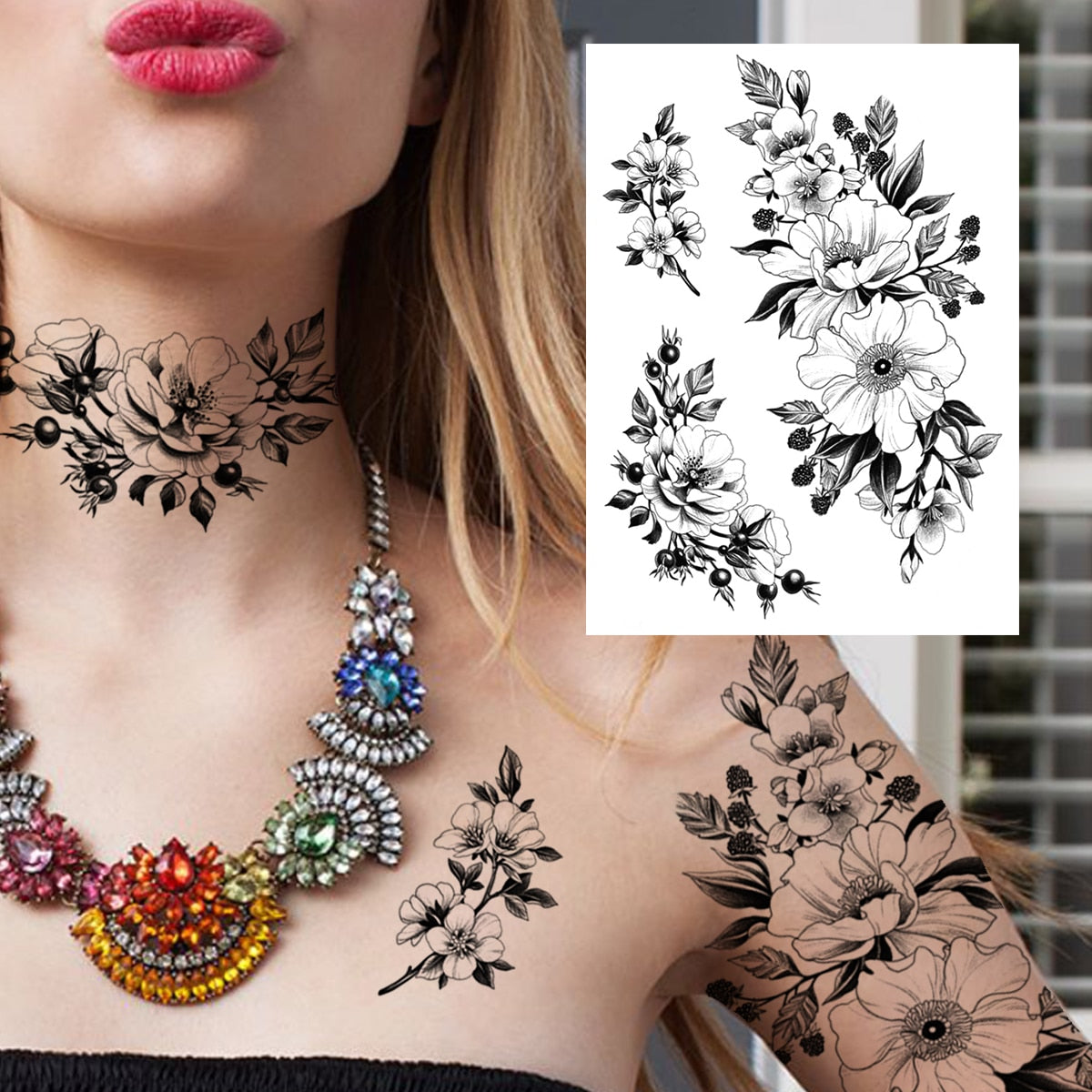 3D Watercolour Flower Temporary Tattoo For Women Girls Fake Peony Rose Tattoo Sticker Butterfly Lace Sweatpea Flora Tatoos Leg