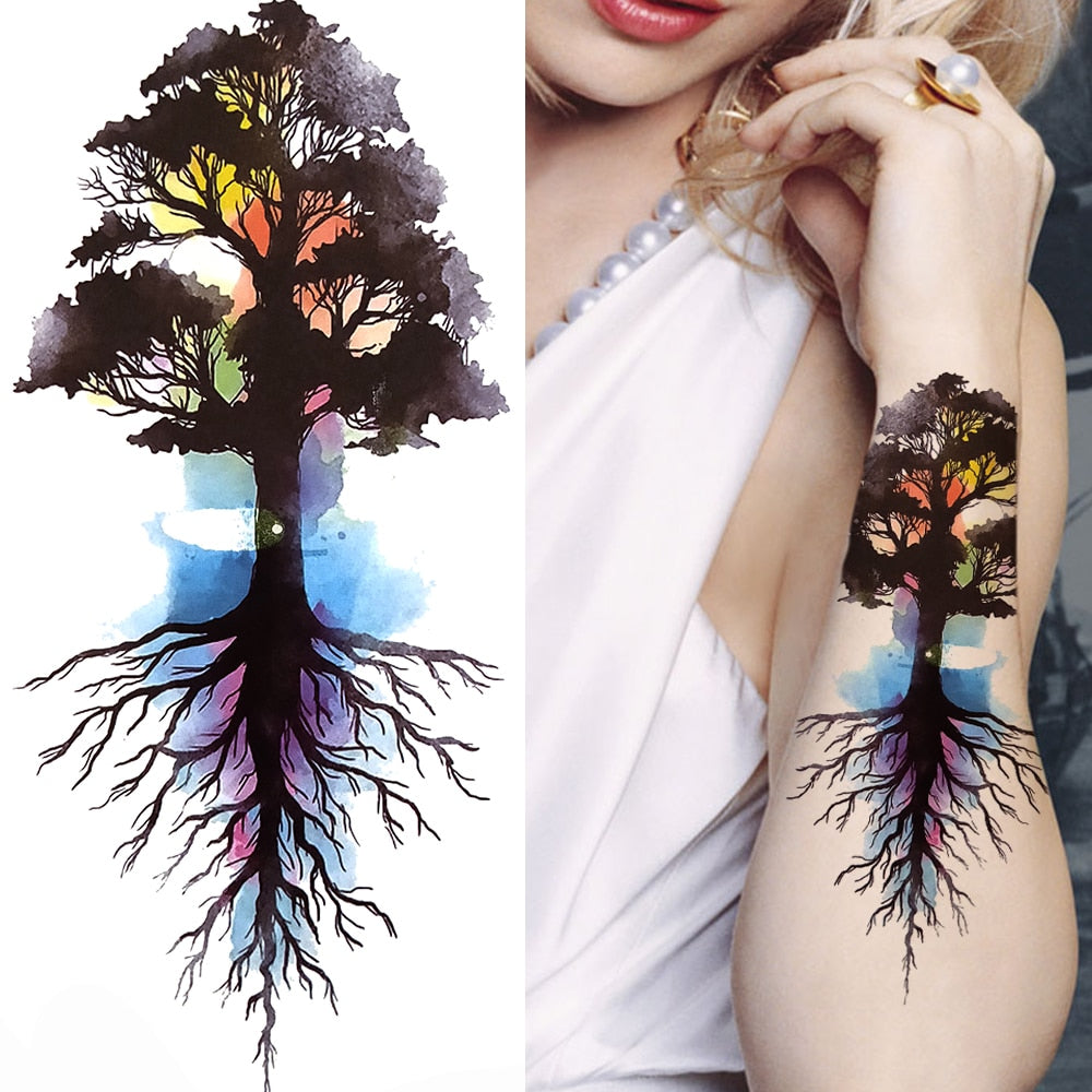 3D Black Flower Temporary Tattoos For Women Rose Peony Lotus Tattoo Sticker Fake Jewelry Chains Geometric Triangle Tatoo Decal