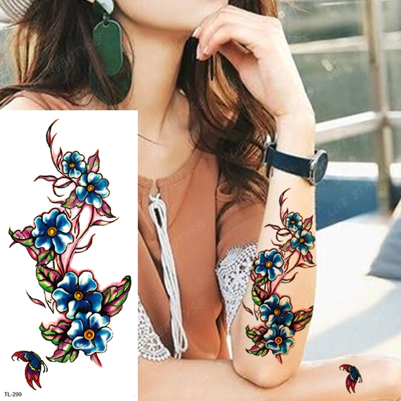 Beauty Flower Diamond Black Rose Waterproof Temporary Tattoo Body Art Arm Sleeve Water Transfer Fake Women Decoration Sticker