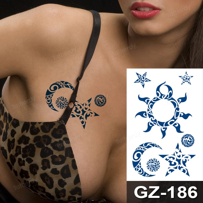 Juice Ink Tattoos Body Art Lasting Waterproof Temporary Tattoo Sticker Waist Totem Tatoo Moon Butterfly Arm Fake Tatto Women Men