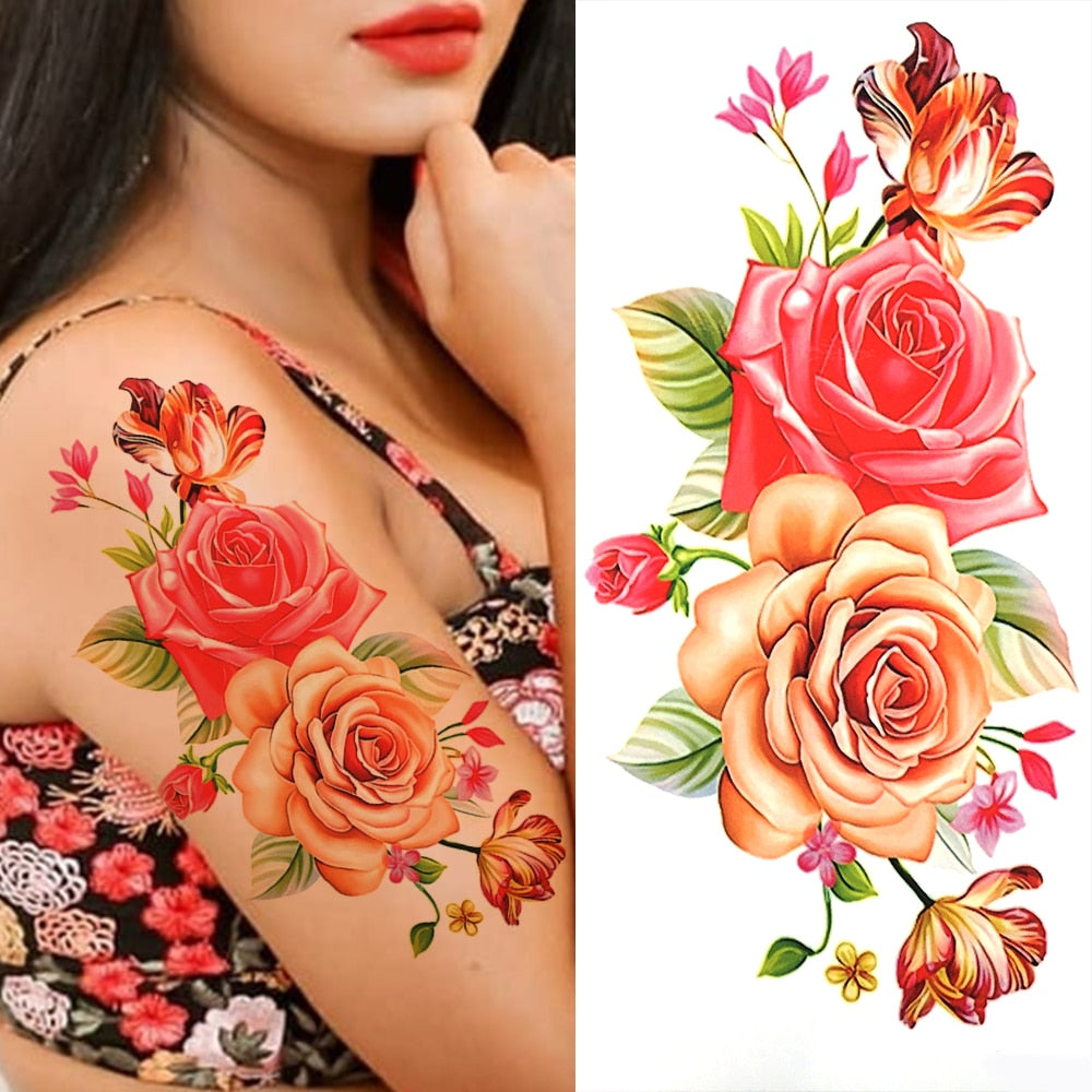 Purple Rose Flower Temporary Tattoos For Women Girl Fake Peony Orchid Carnations Tattoo Sticker 3D Blossom Tatoos Watercolour