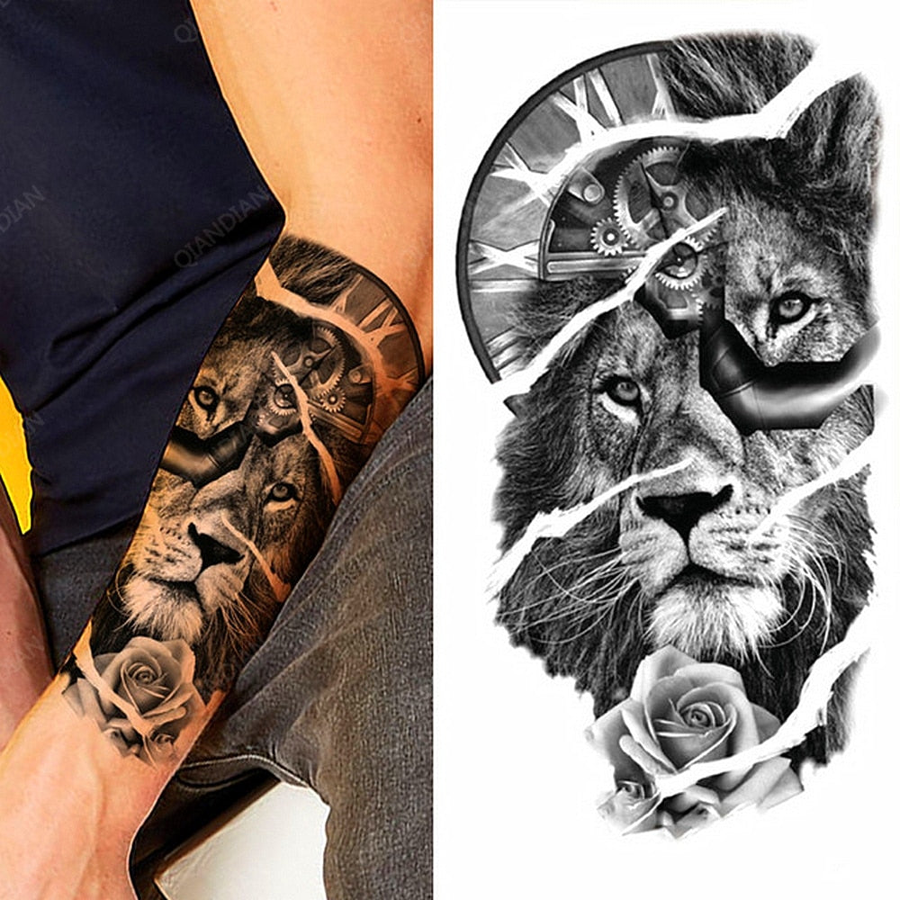 1pc Lion Men Waterproof Temporary Tattoos Fake Stickers Arm Hand Cool Art Black Transfer Clock