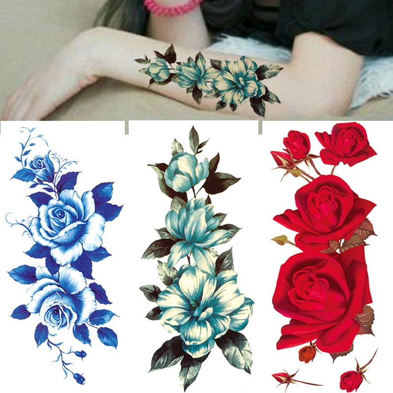 3Pcs Waterproof Temporary Tattoo Sticker Flower Rose Flash Butterfly Lace Lady Body Art Arm Fashion Fake Sleeve Women Tattoos