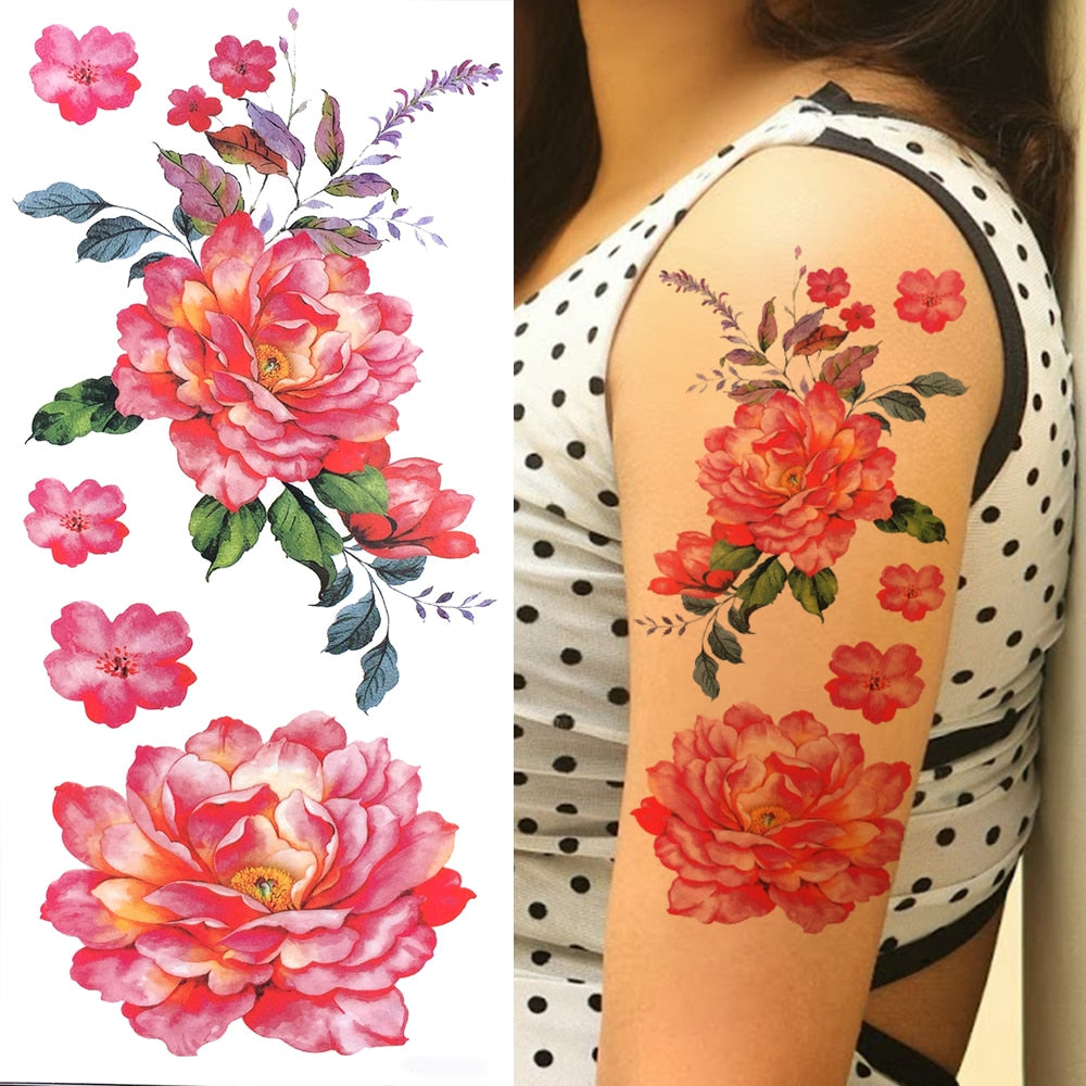 Purple Rose Flower Temporary Tattoos For Women Girl Fake Peony Orchid Carnations Tattoo Sticker 3D Blossom Tatoos Watercolour