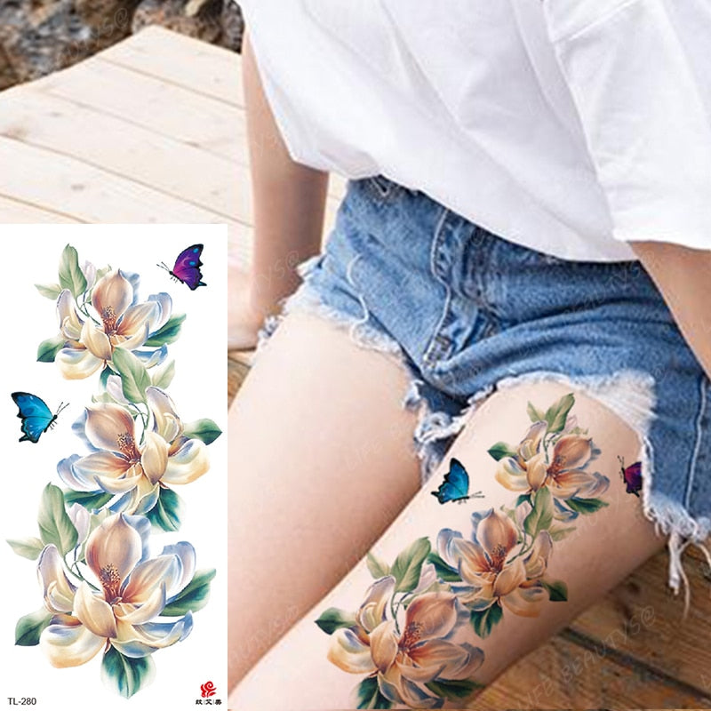 Beauty Flower Diamond Black Rose Waterproof Temporary Tattoo Body Art Arm Sleeve Water Transfer Fake Women Decoration Sticker