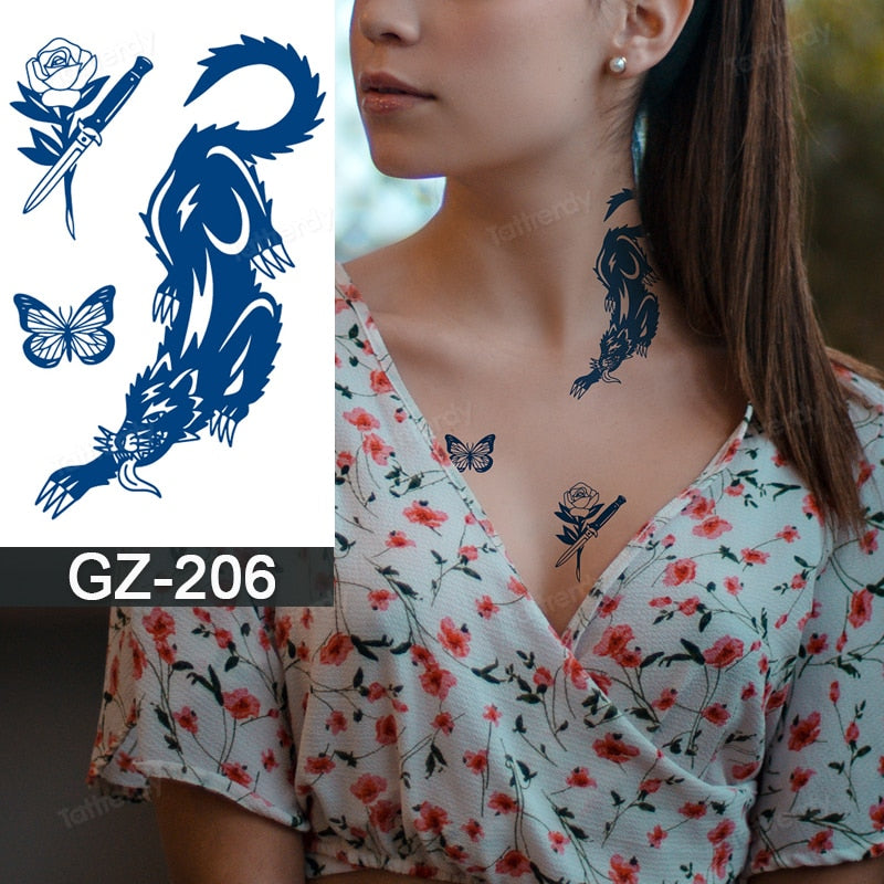 Juice Ink Tattoos Body Art Lasting Waterproof Temporary Tattoo Sticker Waist Totem Tatoo Moon Butterfly Arm Fake Tatto Women Men