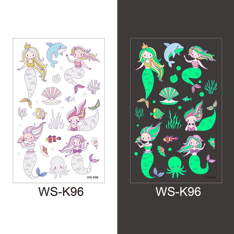 Luminous Tattoo Sticker Children Arm Face Glowing Tattoo Children Body Art Tattoo Dinosaur Pirate Unicorn Mermaid Tattoo Cartoon