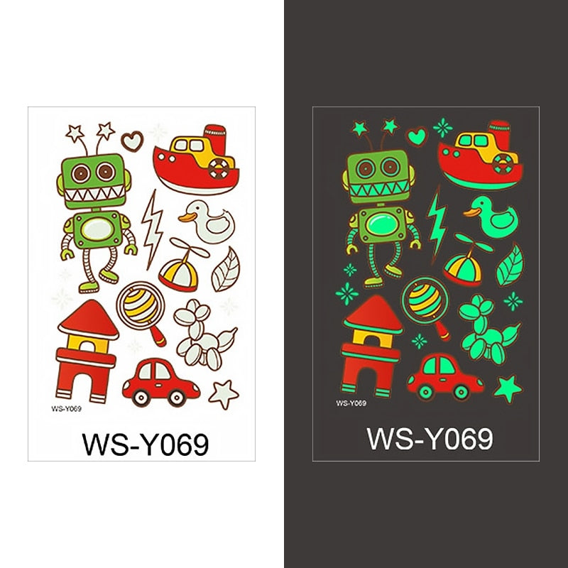 Luminous Tattoo Sticker Children Arm Face Glowing Tattoo Children Body Art Tattoo Dinosaur Pirate Unicorn Mermaid Tattoo Cartoon