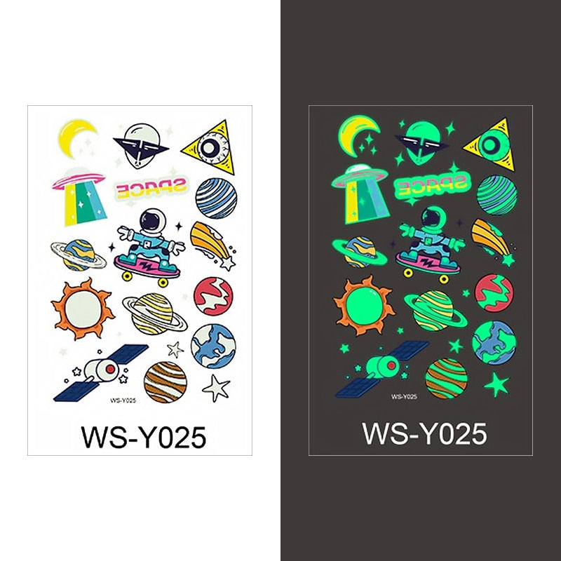 Luminous Tattoo Sticker Children Arm Face Glowing Tattoo Children Body Art Tattoo Dinosaur Pirate Unicorn Mermaid Tattoo Cartoon