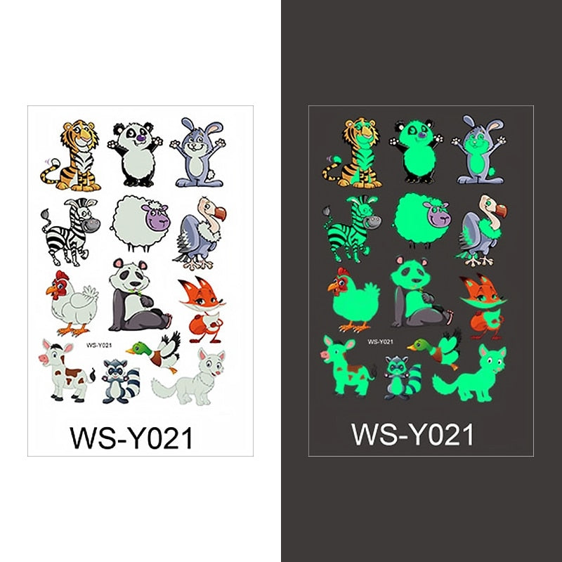 Luminous Tattoo Sticker Children Arm Face Glowing Tattoo Children Body Art Tattoo Dinosaur Pirate Unicorn Mermaid Tattoo Cartoon