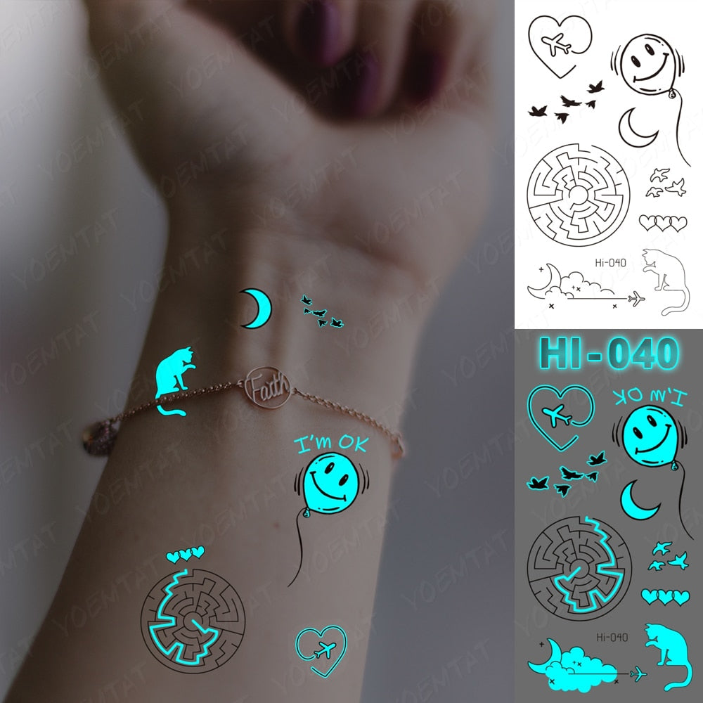 Blue Luminous Glow Tattoo Sticker Cute Geometry Waterproof Temporary Tatoo Small Finger Wrist Fake Tatto For Body Art Women Men