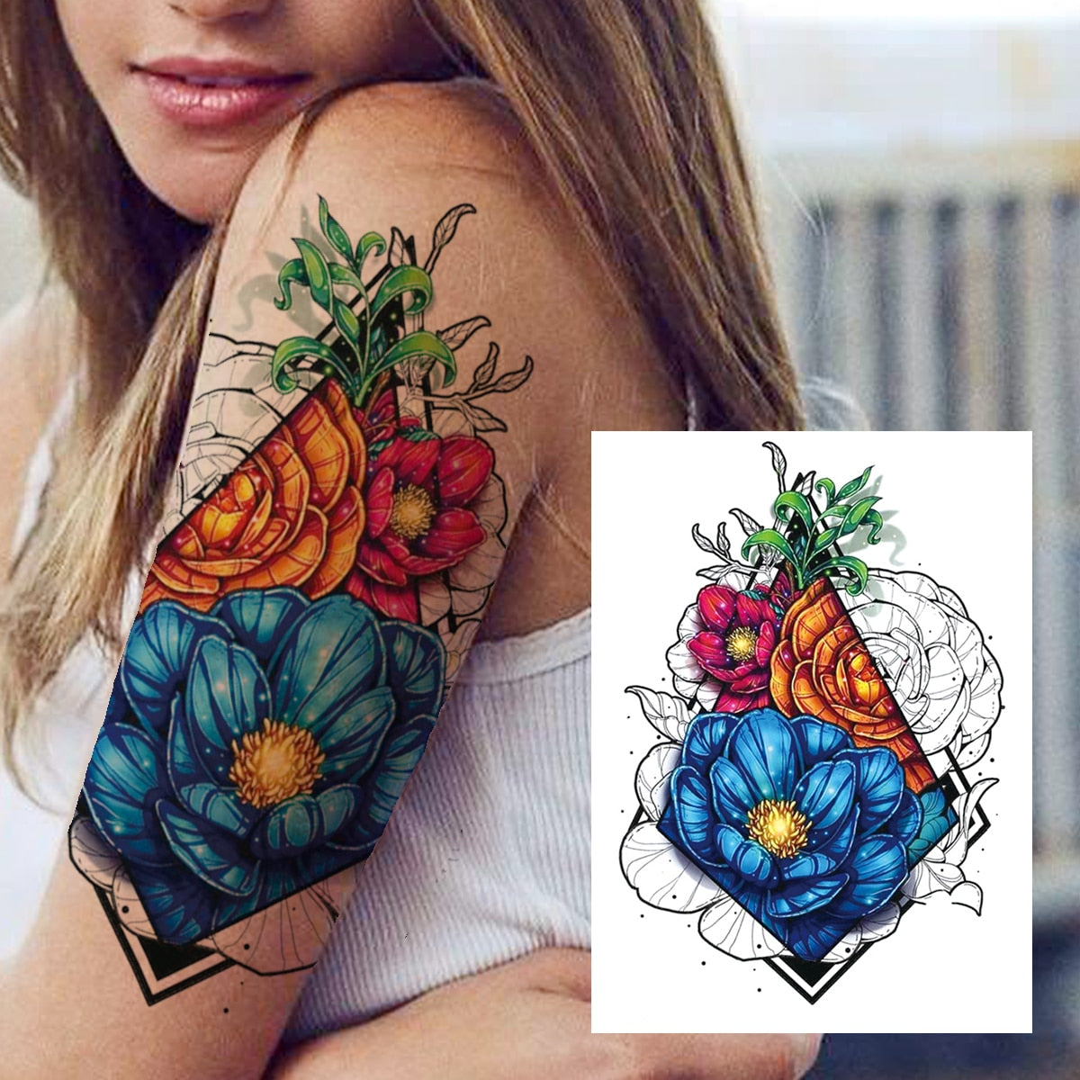 3D Watercolour Flower Temporary Tattoo For Women Girls Fake Peony Rose Tattoo Sticker Butterfly Lace Sweatpea Flora Tatoos Leg