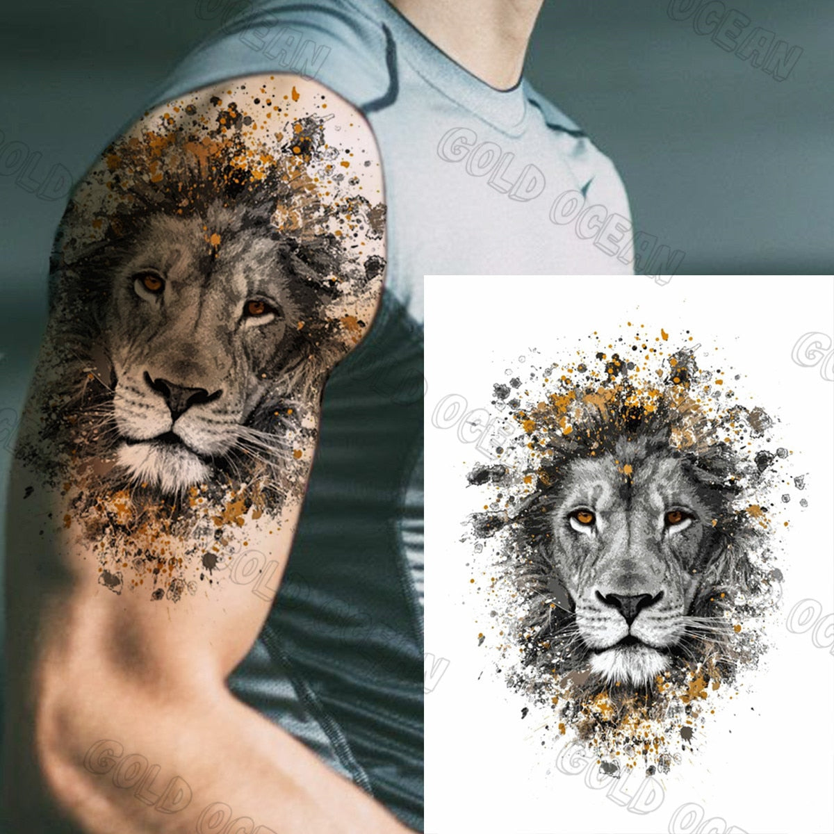 Large Size 3D Watercolor Lion Temporary Tattoos For Men Adults Realistic Tiger Fake Tattoo Sticker Transfer Tattoo Arm Body Art