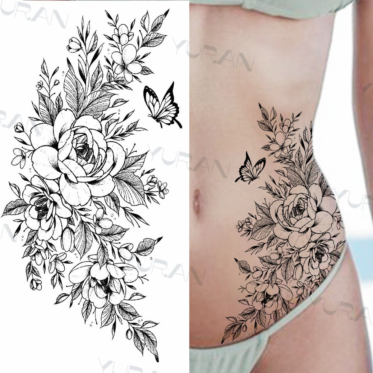 Sexy Black Flower Butterfly Temporary Tattoos For Women Thigh Men Fake Moon Rose Compass Fake Tatoos Forearm Tattoo Stickers