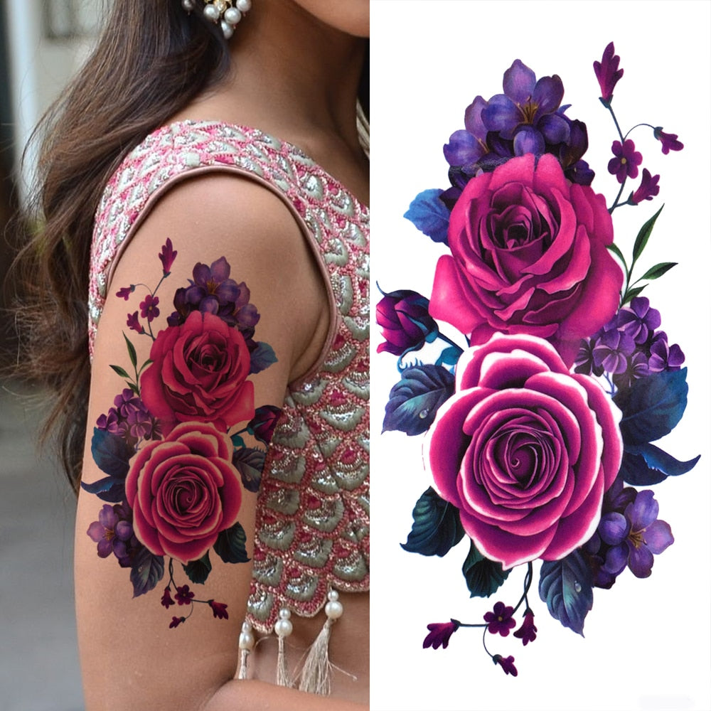 Purple Rose Flower Temporary Tattoos For Women Girl Fake Peony Orchid Carnations Tattoo Sticker 3D Blossom Tatoos Watercolour