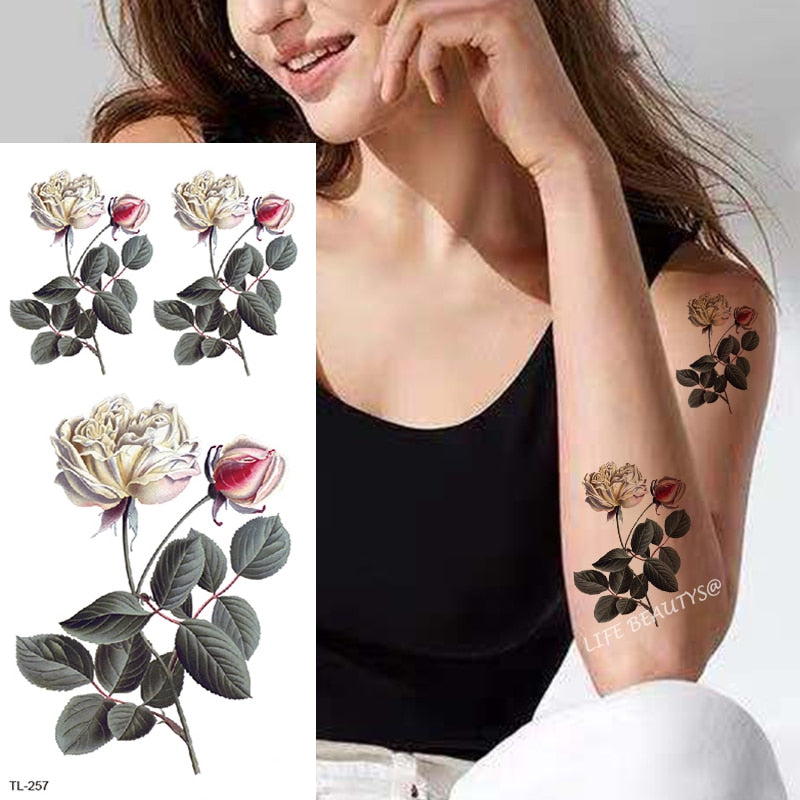 Beauty Flower Diamond Black Rose Waterproof Temporary Tattoo Body Art Arm Sleeve Water Transfer Fake Women Decoration Sticker