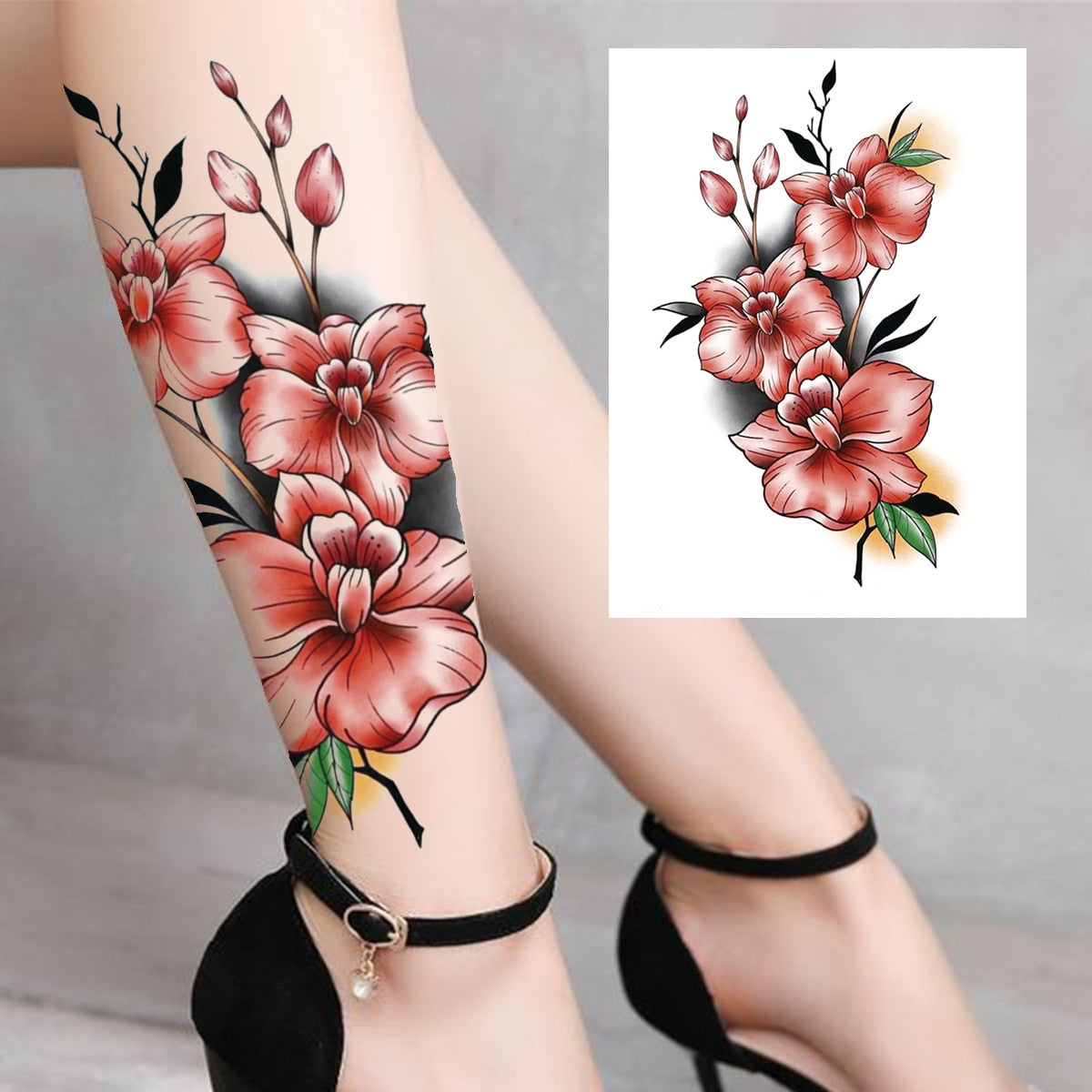 3D Watercolour Flower Temporary Tattoo For Women Girls Fake Peony Rose Tattoo Sticker Butterfly Lace Sweatpea Flora Tatoos Leg