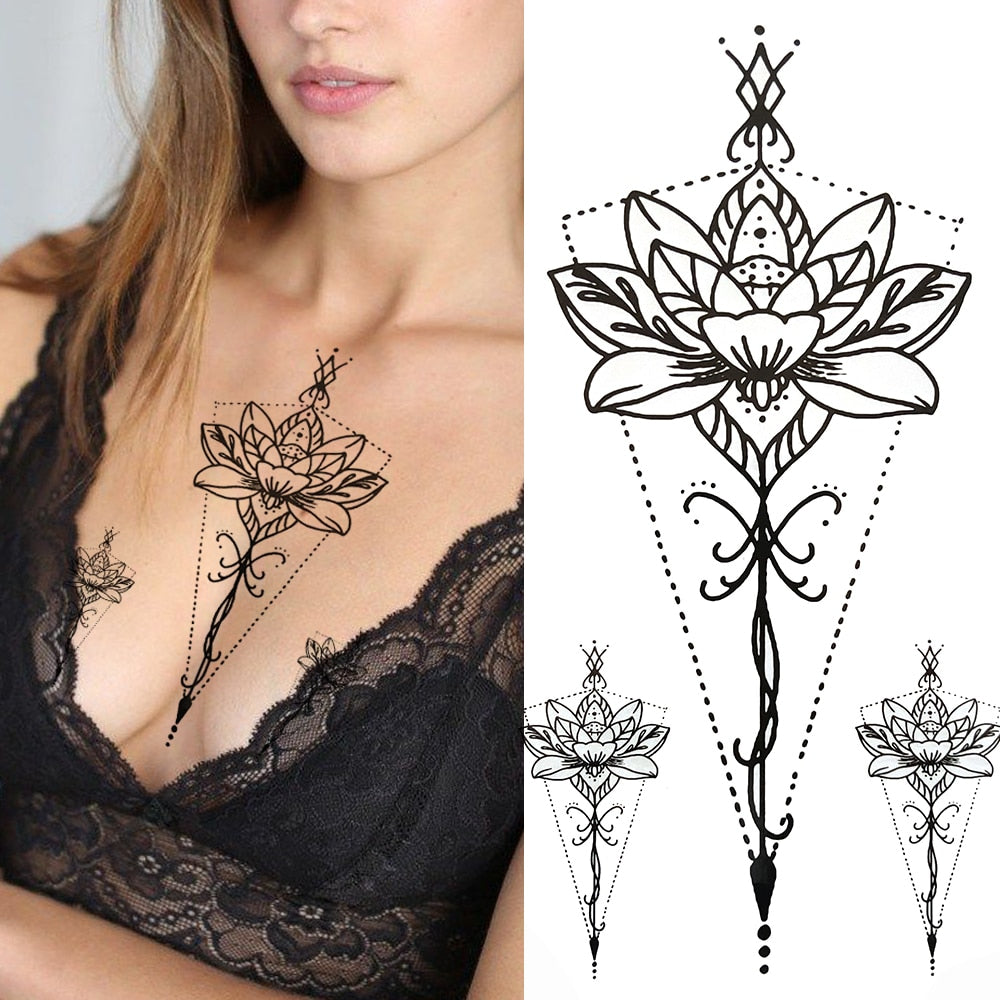 3D Black Flower Temporary Tattoos For Women Rose Peony Lotus Tattoo Sticker Fake Jewelry Chains Geometric Triangle Tatoo Decal