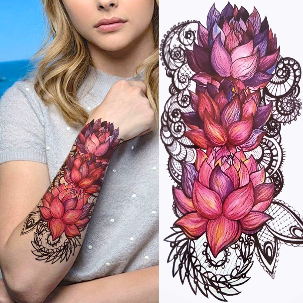 3D Black Flower Temporary Tattoos For Women Rose Peony Lotus Tattoo Sticker Fake Jewelry Chains Geometric Triangle Tatoo Decal