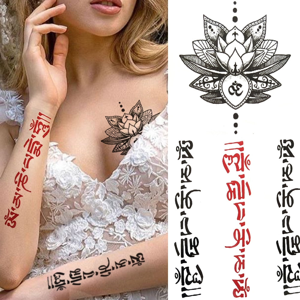 3D Black Flower Temporary Tattoos For Women Rose Peony Lotus Tattoo Sticker Fake Jewelry Chains Geometric Triangle Tatoo Decal