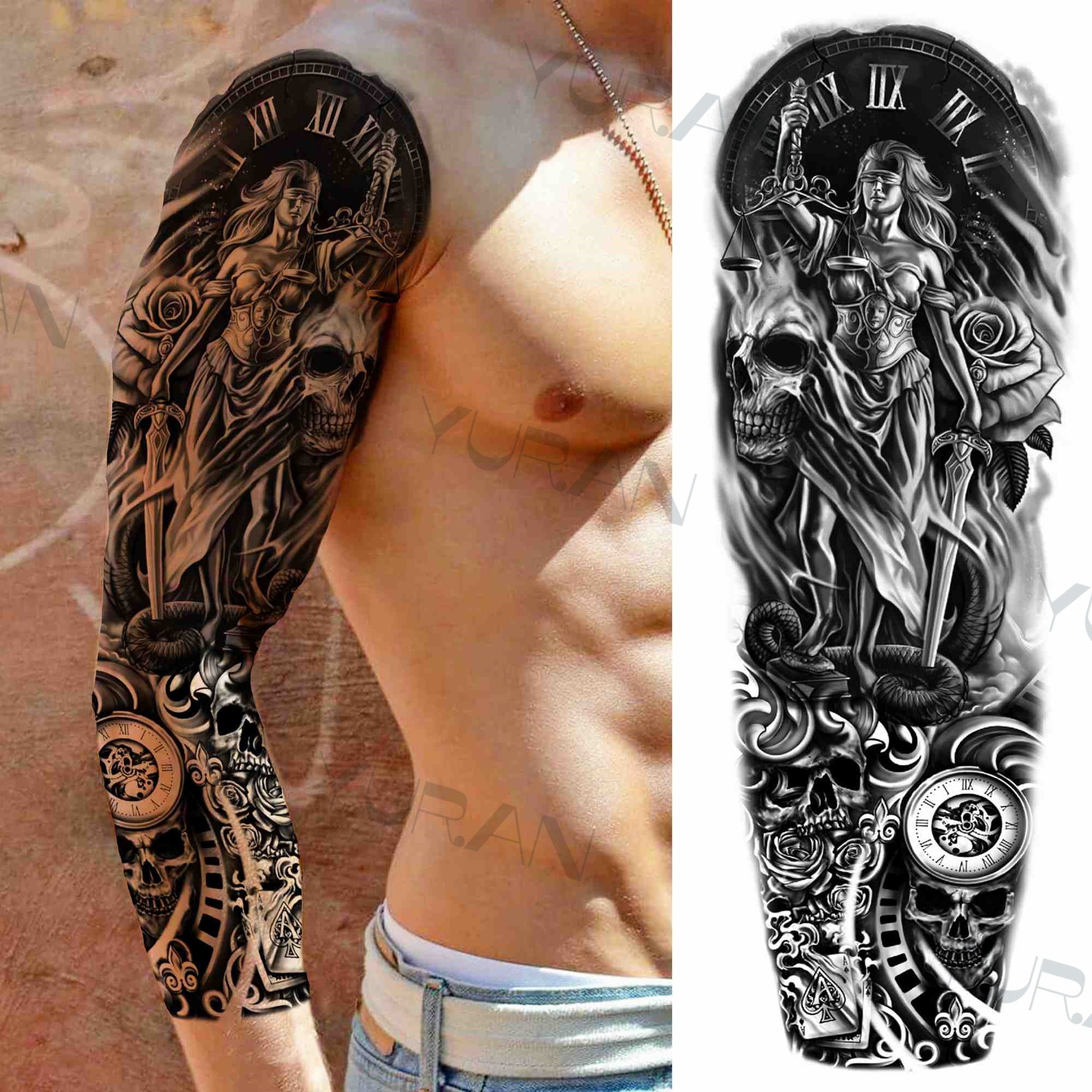 DIY Tribal Totem Full Arm Temporary Tattoo Sleeve For Men Women Adult Maori Skull Tattoos StickerBlack Fake Tatoos Makeup Tools