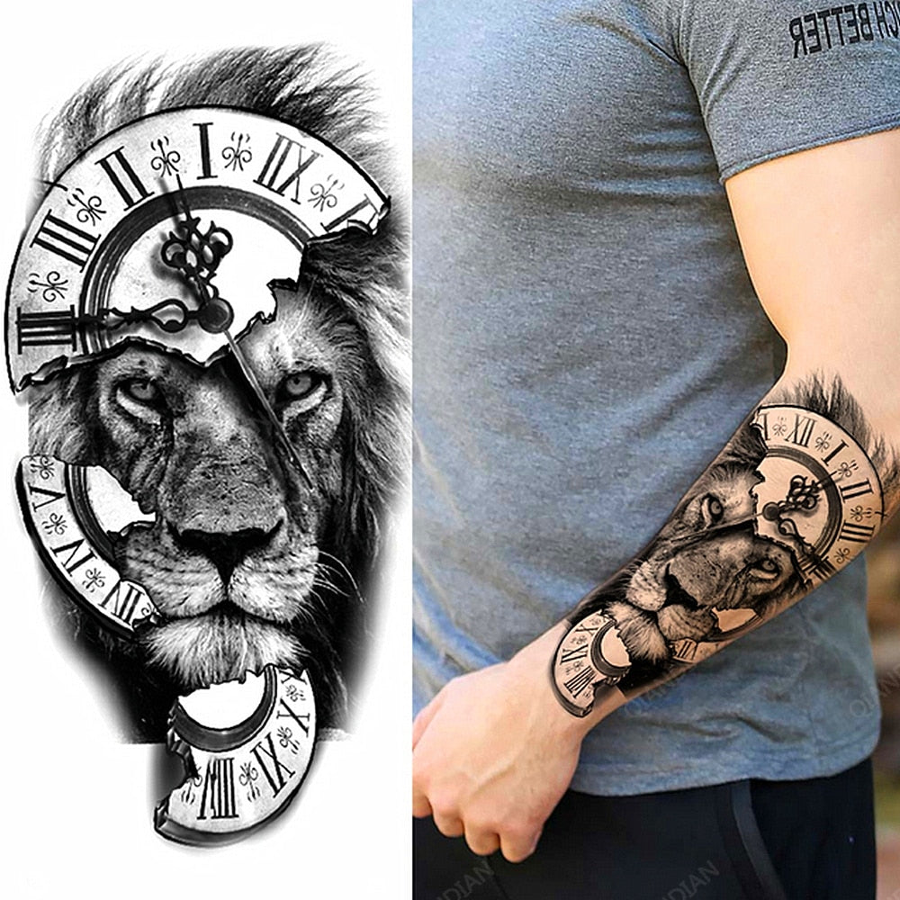 1pc Lion Men Waterproof Temporary Tattoos Fake Stickers Arm Hand Cool Art Black Transfer Clock