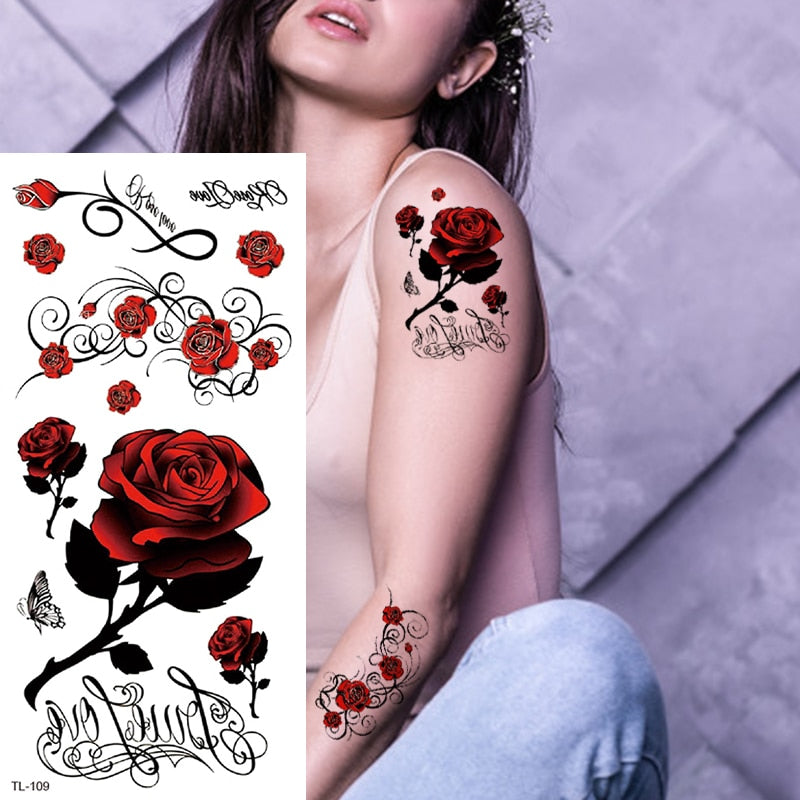 Beauty Flower Diamond Black Rose Waterproof Temporary Tattoo Body Art Arm Sleeve Water Transfer Fake Women Decoration Sticker