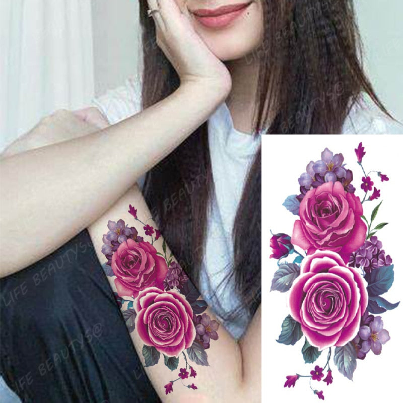 Waterproof Temporary Flower Tattoos Women Fashion Beauty Rose Butterfly Flash 3D Fake Tattoo Arm Sleeve Pink Blue Sticker Girl