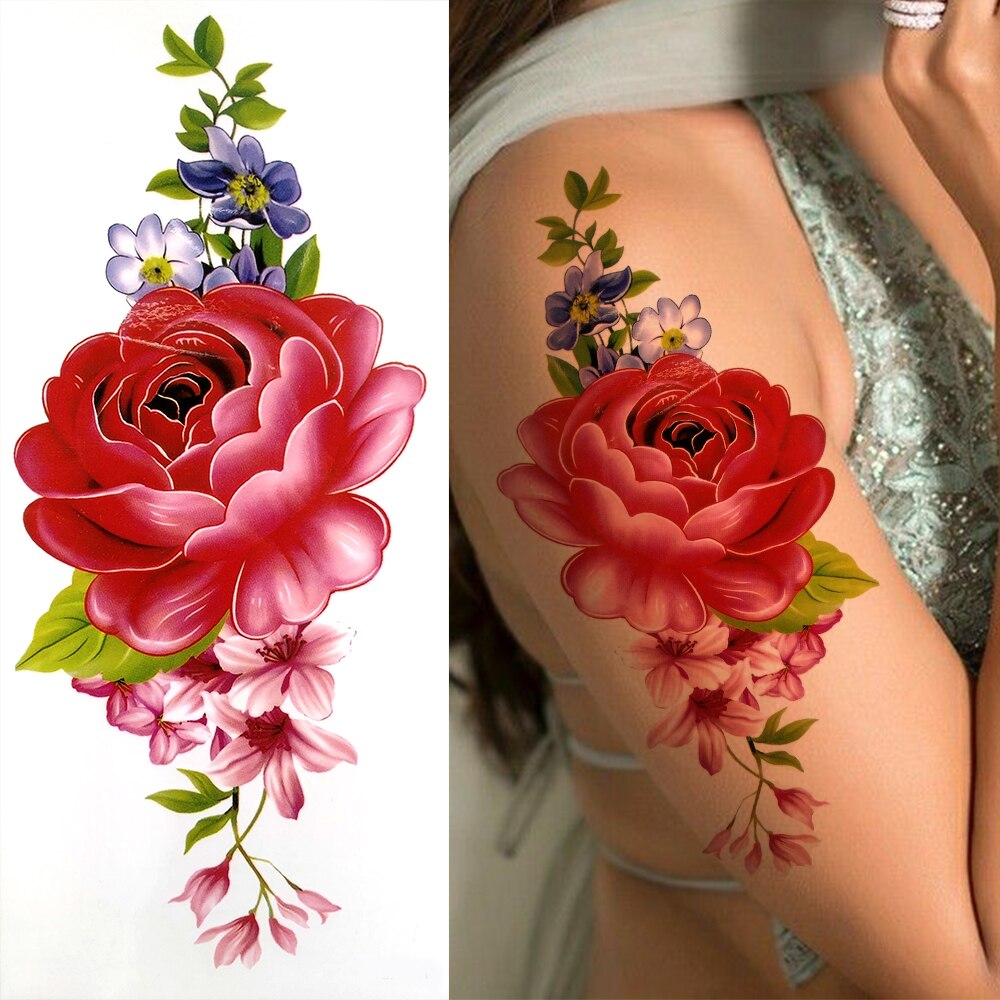 Purple Rose Flower Temporary Tattoos For Women Girl Fake Peony Orchid Carnations Tattoo Sticker 3D Blossom Tatoos Watercolour