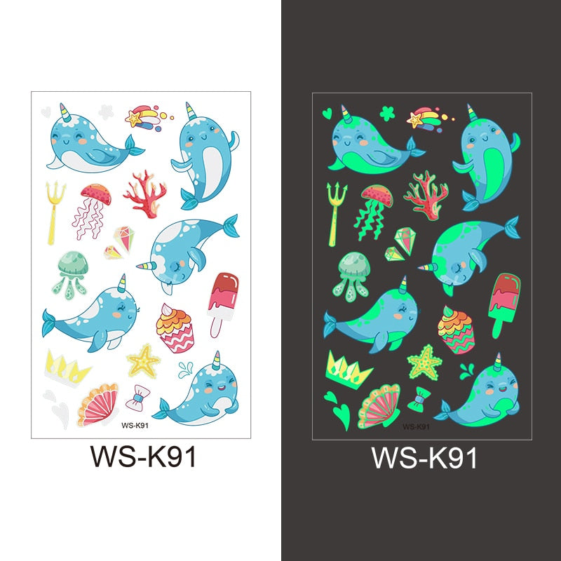 Luminous Tattoo Sticker Children Arm Face Glowing Tattoo Children Body Art Tattoo Dinosaur Pirate Unicorn Mermaid Tattoo Cartoon