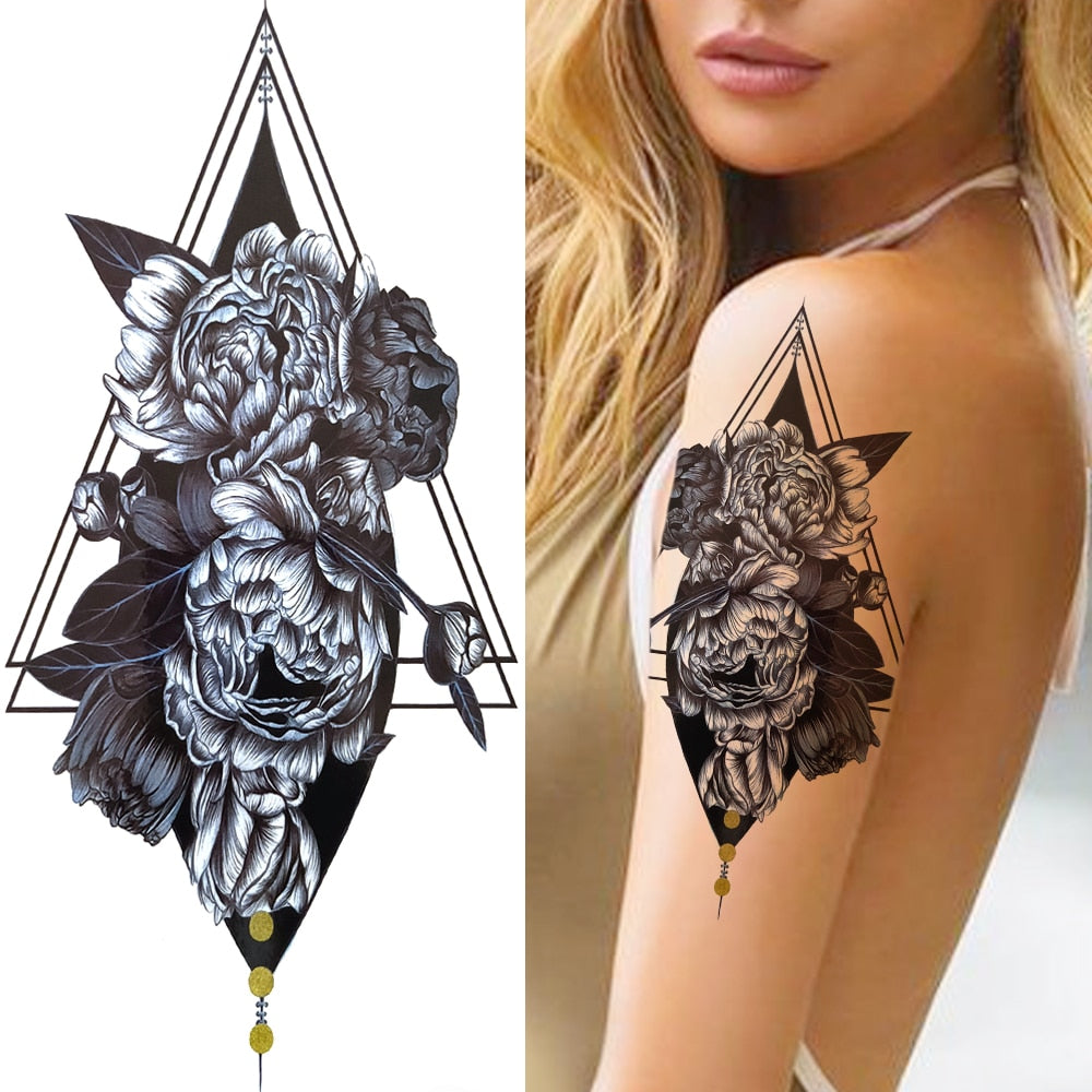 3D Black Flower Temporary Tattoos For Women Rose Peony Lotus Tattoo Sticker Fake Jewelry Chains Geometric Triangle Tatoo Decal