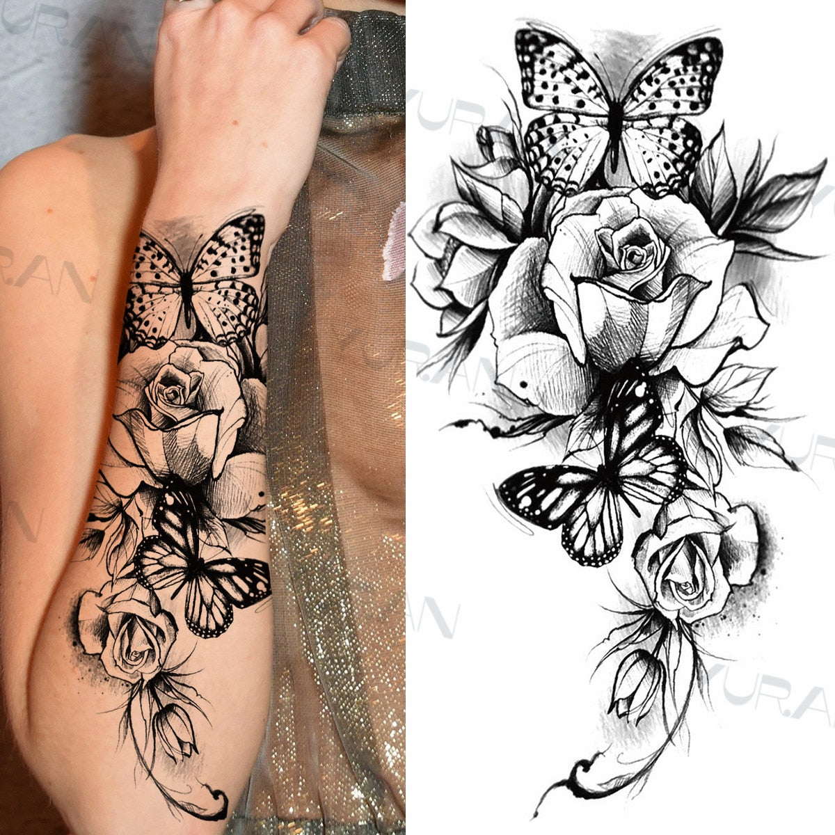 Sexy Black Flower Butterfly Temporary Tattoos For Women Thigh Men Fake Moon Rose Compass Fake Tatoos Forearm Tattoo Stickers