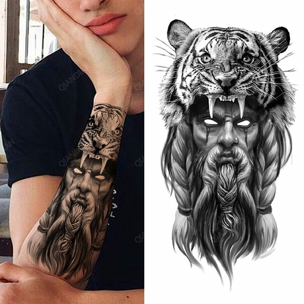 1pc Lion Men Waterproof Temporary Tattoos Fake Stickers Arm Hand Cool Art Black Transfer Clock