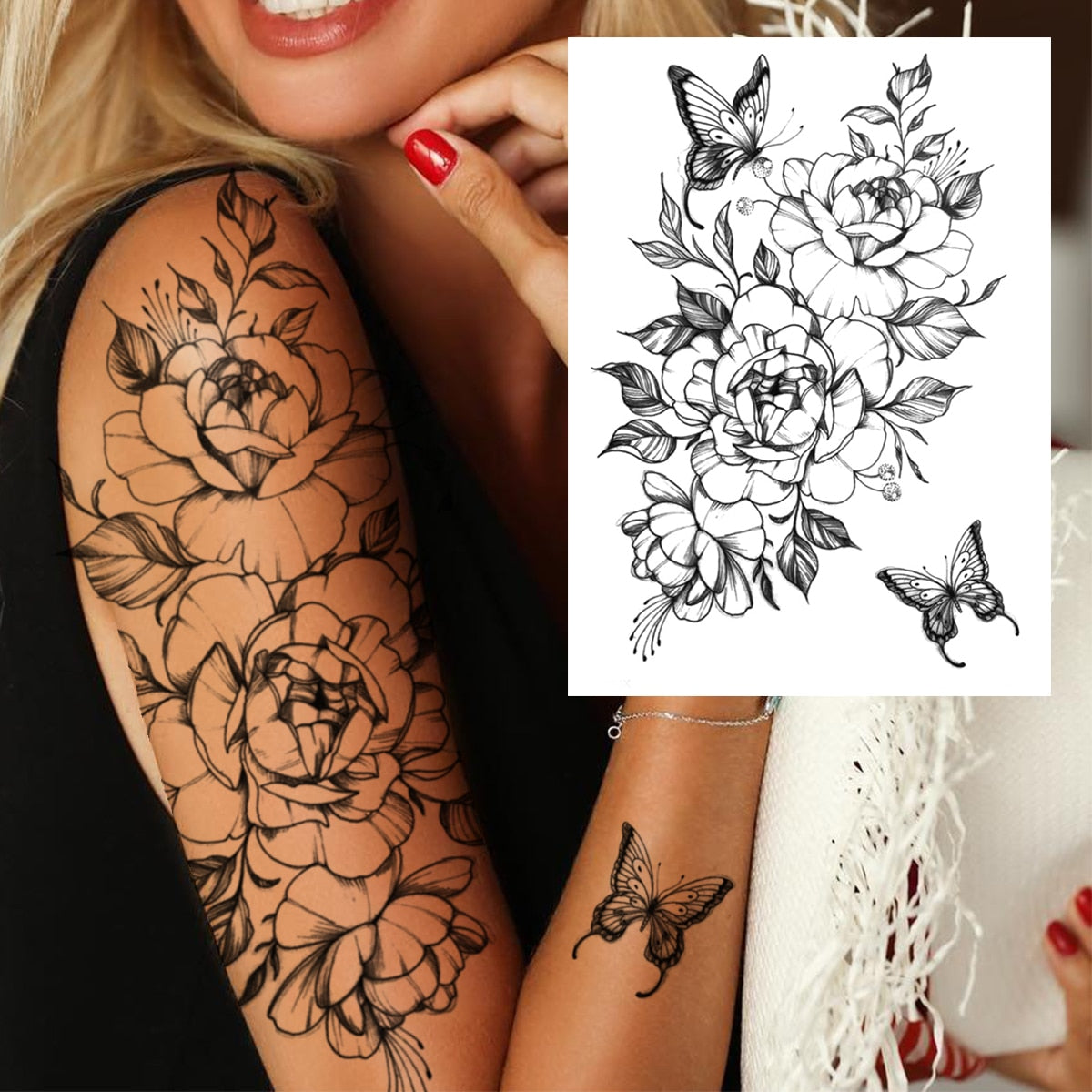 3D Watercolour Flower Temporary Tattoo For Women Girls Fake Peony Rose Tattoo Sticker Butterfly Lace Sweatpea Flora Tatoos Leg