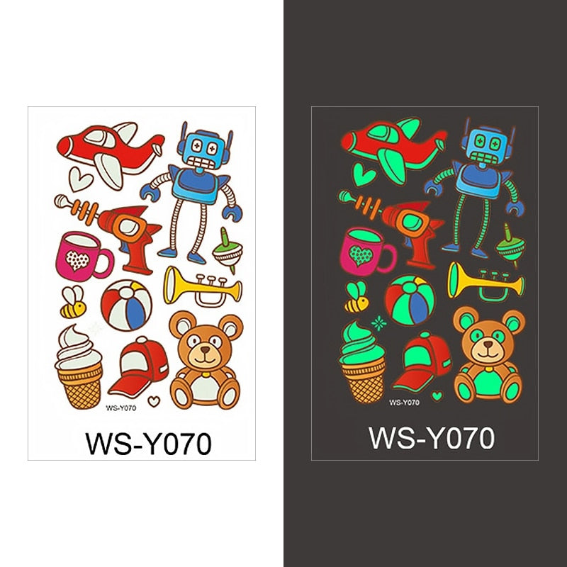 Luminous Tattoo Sticker Children Arm Face Glowing Tattoo Children Body Art Tattoo Dinosaur Pirate Unicorn Mermaid Tattoo Cartoon