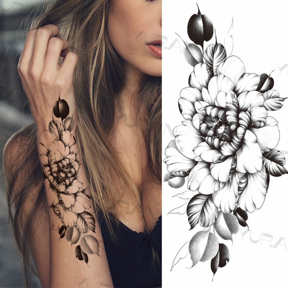 Sexy Black Flower Butterfly Temporary Tattoos For Women Thigh Men Fake Moon Rose Compass Fake Tatoos Forearm Tattoo Stickers