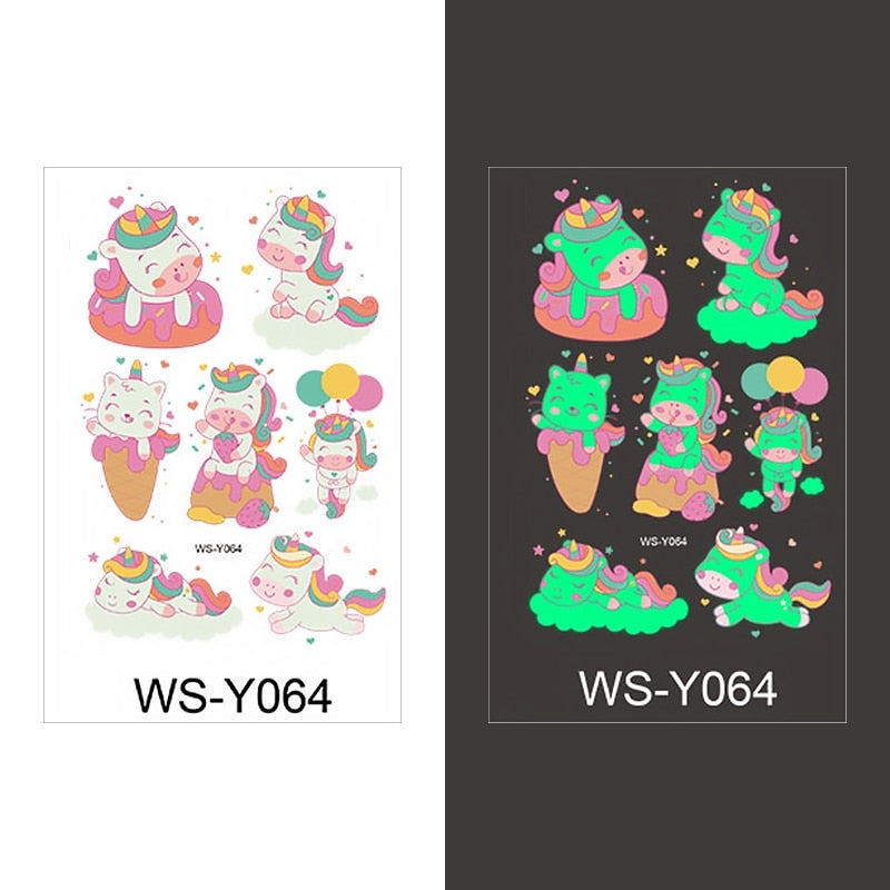 Luminous Tattoo Sticker Children Arm Face Glowing Tattoo Children Body Art Tattoo Dinosaur Pirate Unicorn Mermaid Tattoo Cartoon