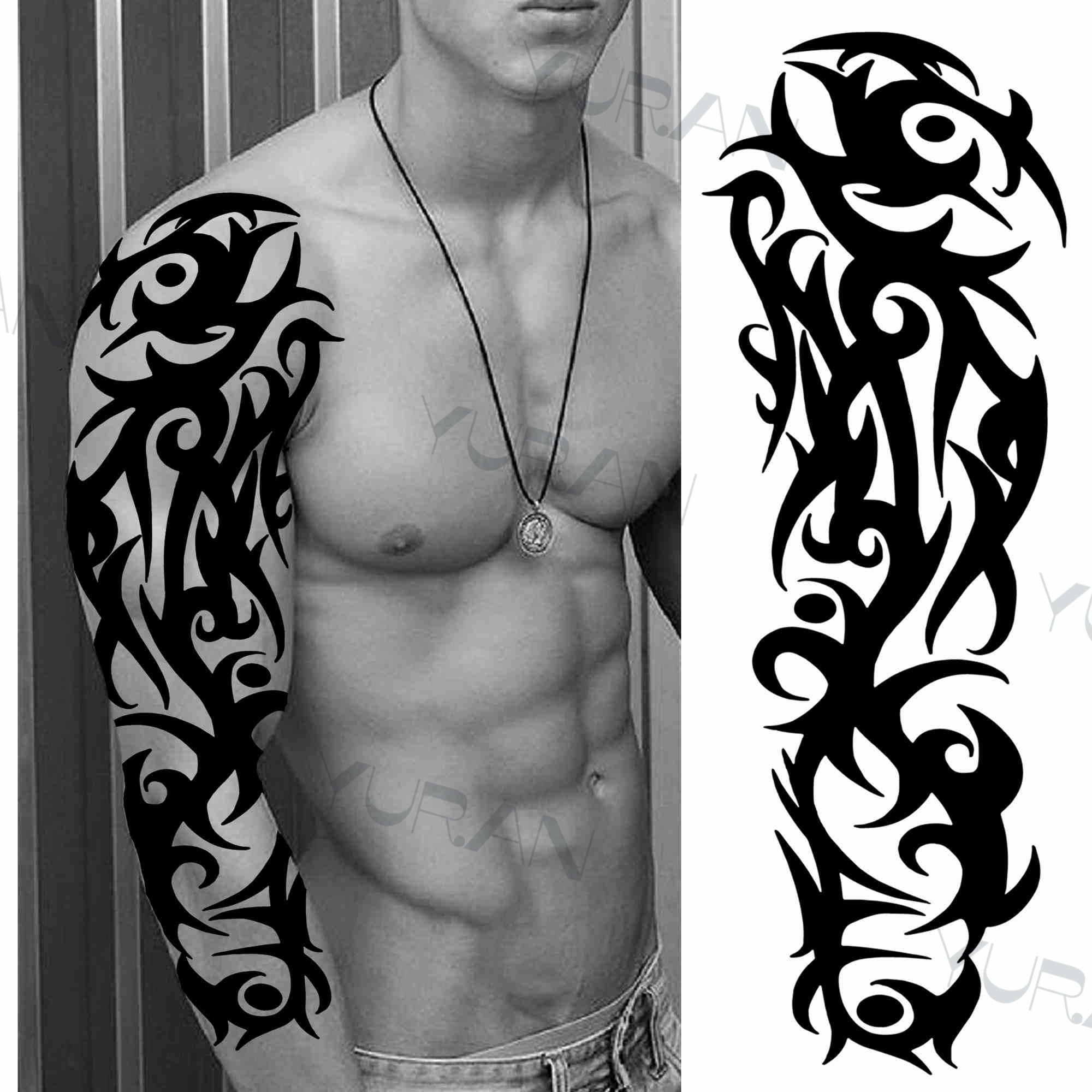 DIY Tribal Totem Full Arm Temporary Tattoo Sleeve For Men Women Adult Maori Skull Tattoos StickerBlack Fake Tatoos Makeup Tools