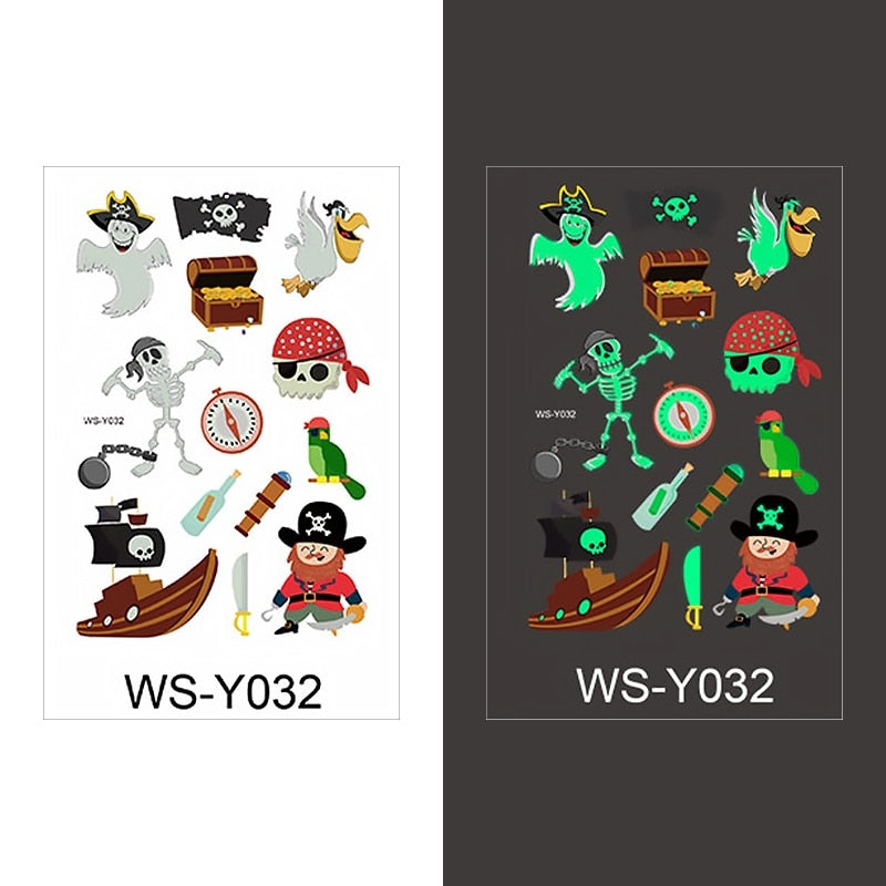 Luminous Tattoo Sticker Children Arm Face Glowing Tattoo Children Body Art Tattoo Dinosaur Pirate Unicorn Mermaid Tattoo Cartoon