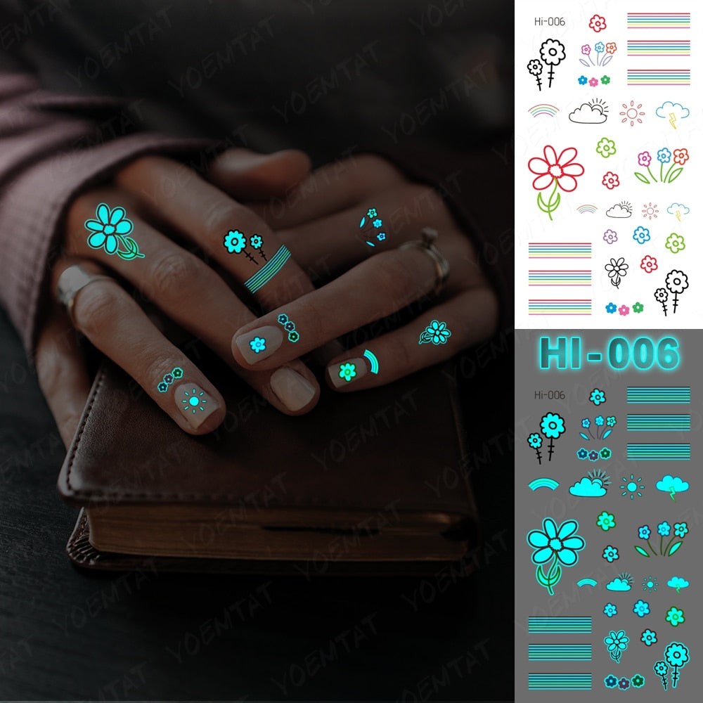 Blue Luminous Glow Tattoo Sticker Cute Geometry Waterproof Temporary Tatoo Small Finger Wrist Fake Tatto For Body Art Women Men