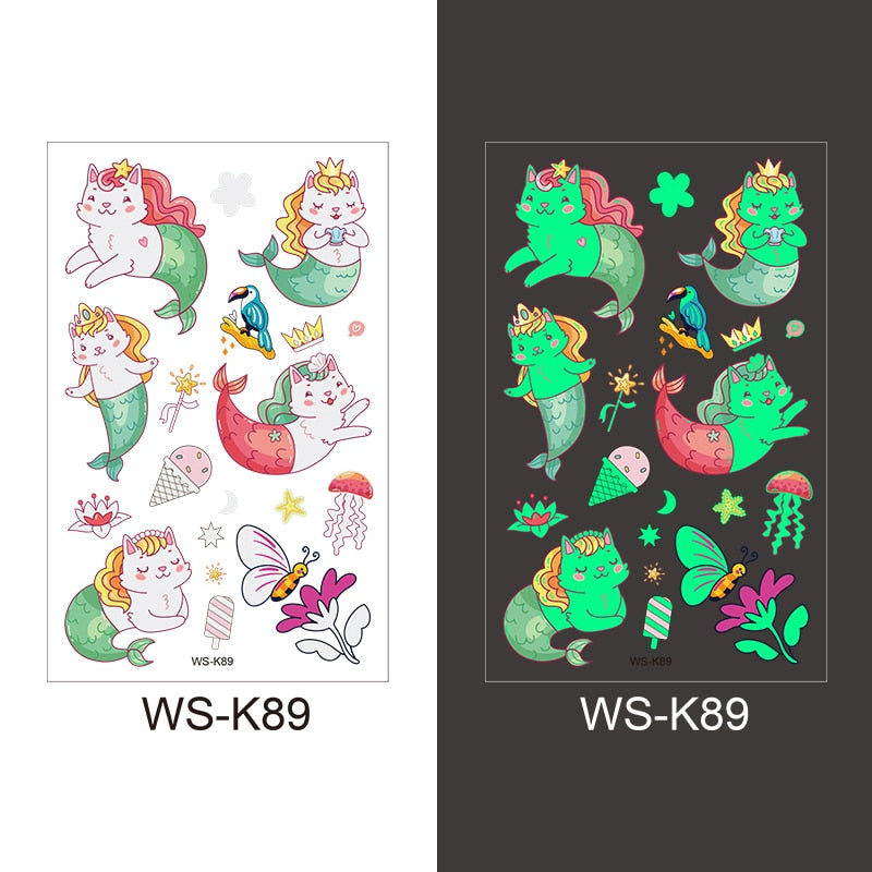 Luminous Tattoo Sticker Children Arm Face Glowing Tattoo Children Body Art Tattoo Dinosaur Pirate Unicorn Mermaid Tattoo Cartoon