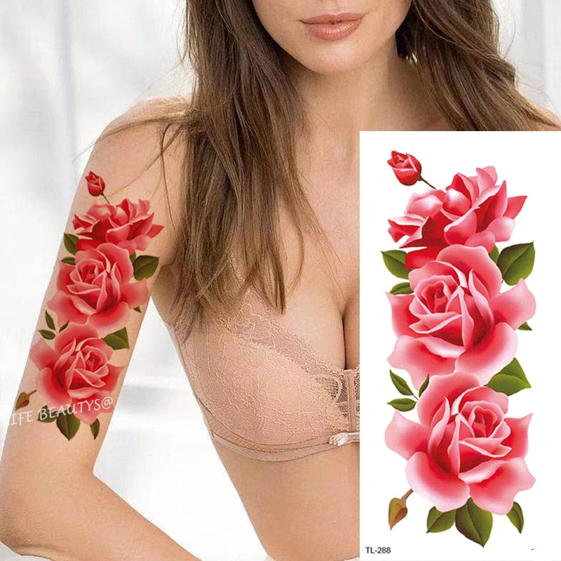 Beauty Flower Diamond Black Rose Waterproof Temporary Tattoo Body Art Arm Sleeve Water Transfer Fake Women Decoration Sticker