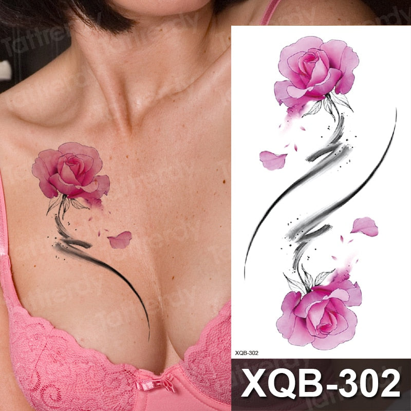 Waterproof Temporary Tattoo Sticker Rose Flower RED Jewelry Flash Tatoo Fake Water Transfer Sexy Belly Body Tatto for Woman Man