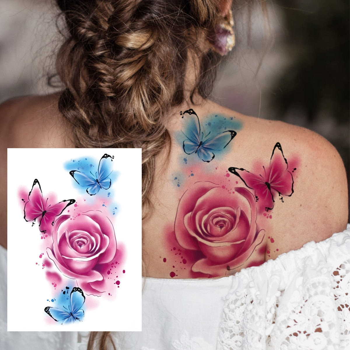 3D Watercolour Flower Temporary Tattoo For Women Girls Fake Peony Rose Tattoo Sticker Butterfly Lace Sweatpea Flora Tatoos Leg