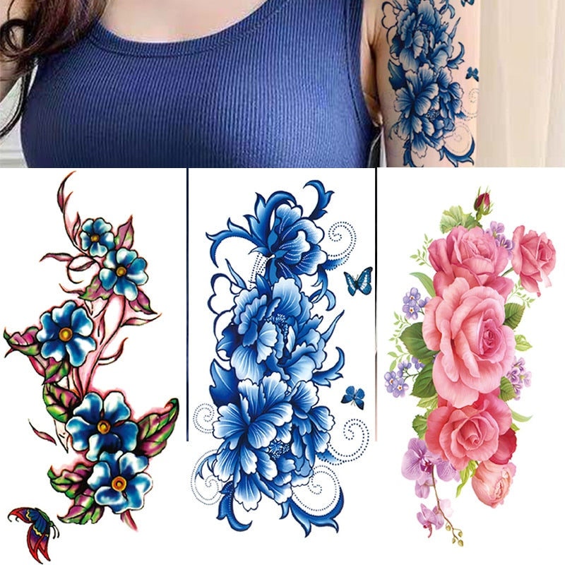 3Pcs Waterproof Temporary Tattoo Sticker Flower Rose Flash Butterfly Lace Lady Body Art Arm Fashion Fake Sleeve Women Tattoos