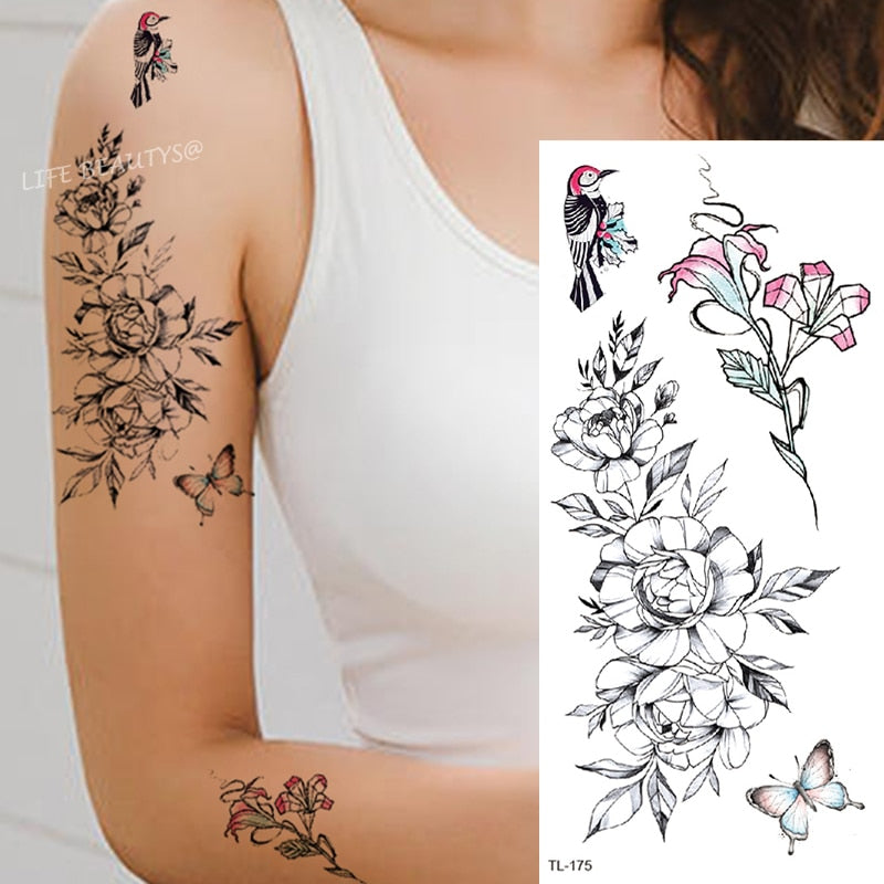 Beauty Flower Diamond Black Rose Waterproof Temporary Tattoo Body Art Arm Sleeve Water Transfer Fake Women Decoration Sticker