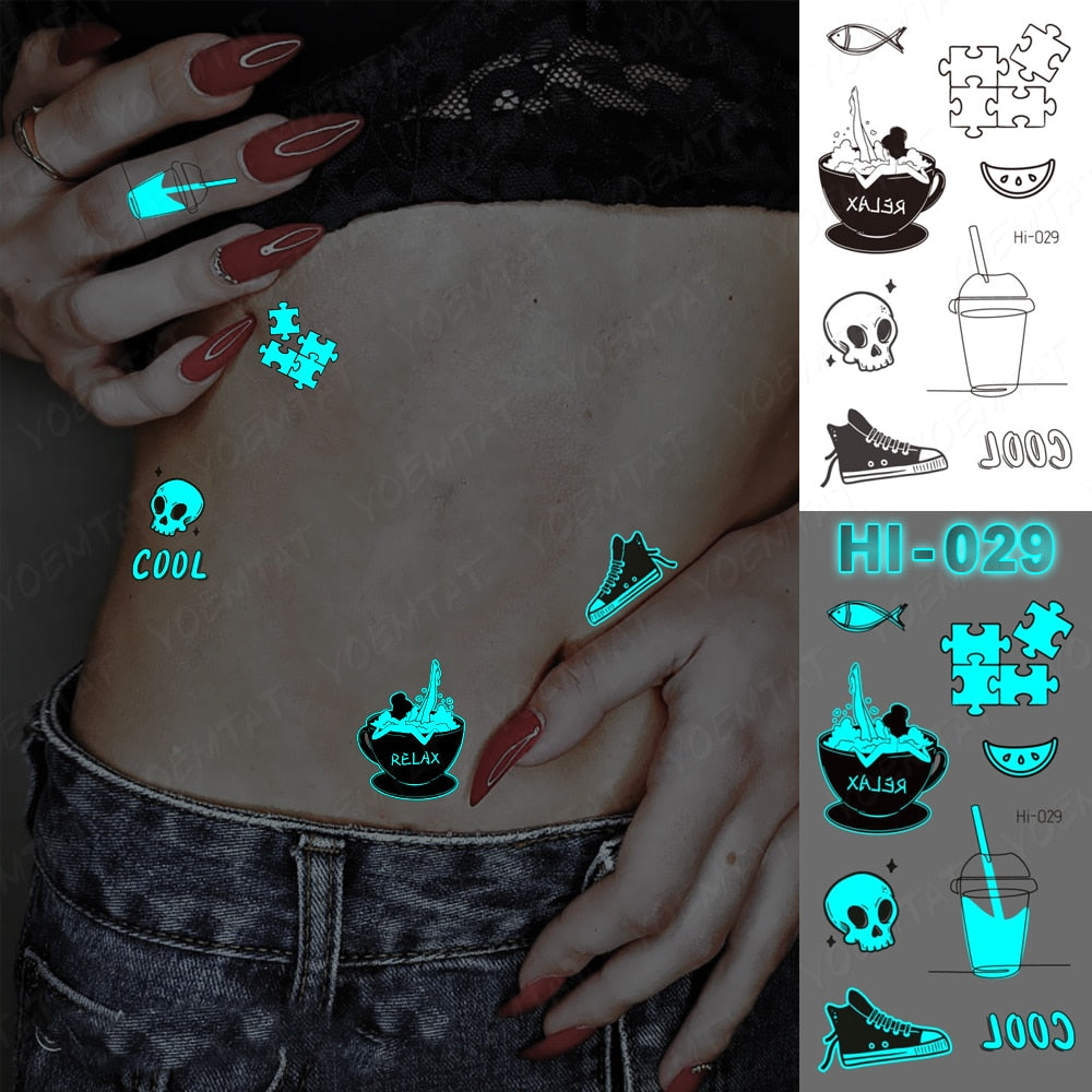 Blue Luminous Glow Tattoo Sticker Cute Geometry Waterproof Temporary Tatoo Small Finger Wrist Fake Tatto For Body Art Women Men